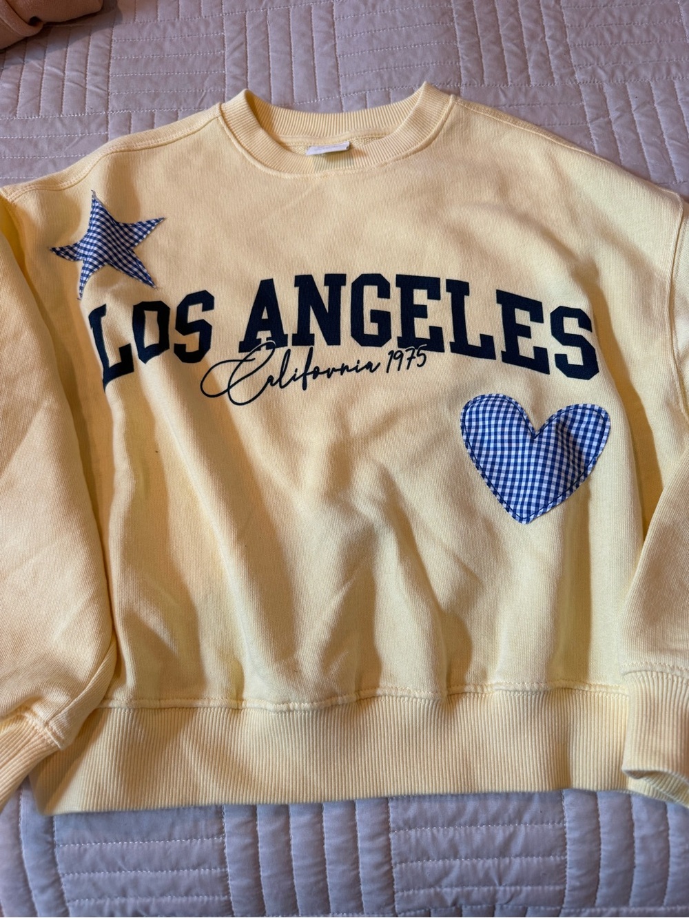 Zara Pale Yellow Crewneck Sweatshirt with Navy Script and Blue Gingham Appliqués